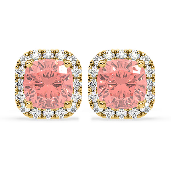 Beatrice Pink Lab Diamond Cushion Cut 2.45ct Halo Earrings in 18K Yellow Gold - Elara Collection